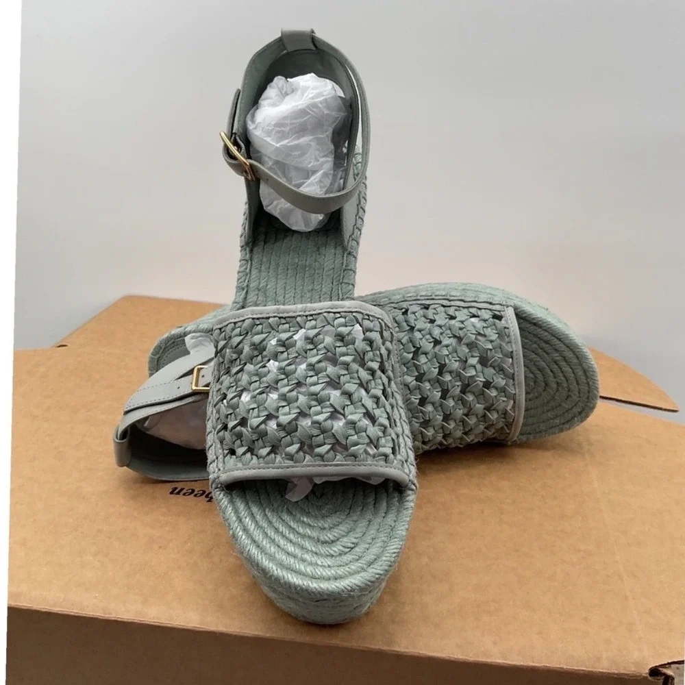 Tory Burch Selby Sage Green Woven Leather Espadrille Wedge Sandals Size 12